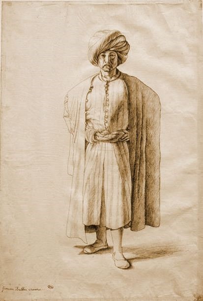 Metin Kutusu: Ayakta duran bir Osmanlı erkeği, Gentile Bellini, 1481. Kağıt üzerine mürekkep, 30 x 20 cm, Louvre Müzesi, Paris. 