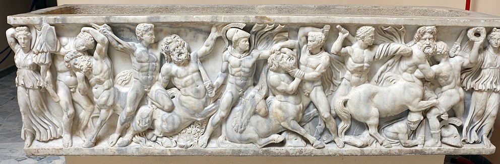 A centauromachy relief on an ancient Roman sarcophagus, c. 150 AD, Museo Archeologico Ostiense.[5]