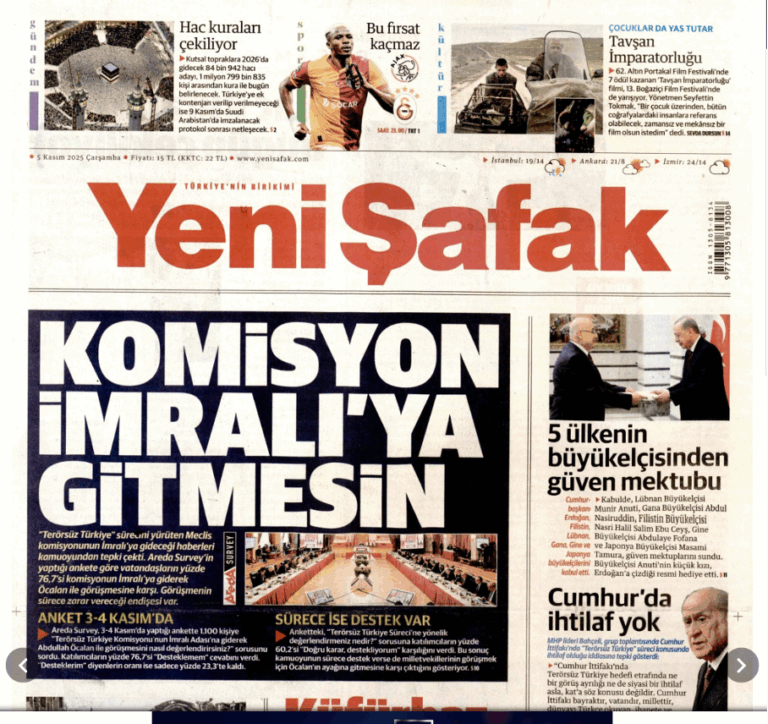 Yeni Şafak’tan Bahçeli’ye cevap gibi manşet: “Komisyon İmralı’ya gitmesin”
